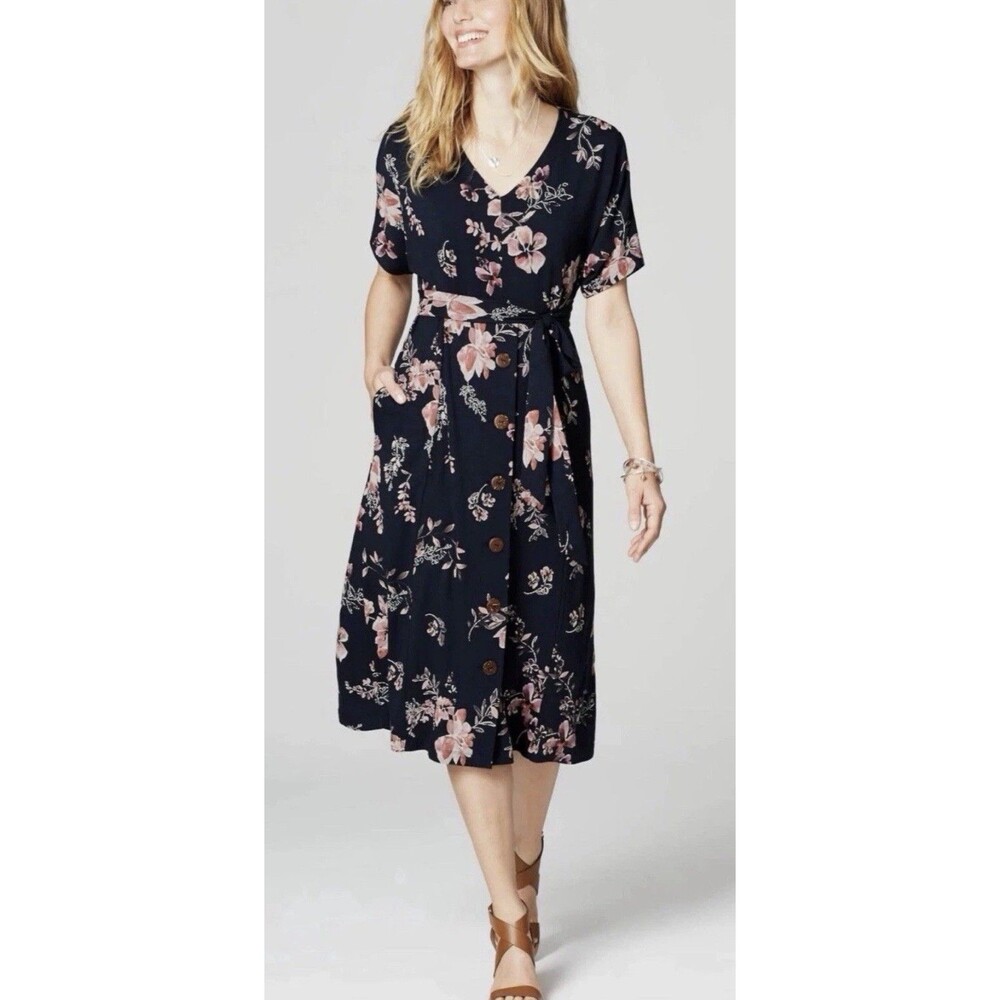 J.Jill Botanical Brunches Navy Blue Floral Button Front Midi Dress XS Oversized‎